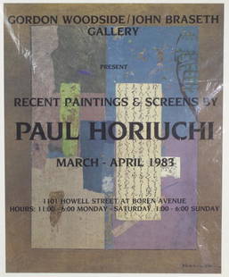 Paul Horiuchi Gallery Exhibition Poster 1983: Original Gordon Woodside / John Braseth Gallery poster for a 1983 exhibition show of works of art by Paul Horiuchi. Printed on heavyweight paper; no printer notated. Excellent condition with two small