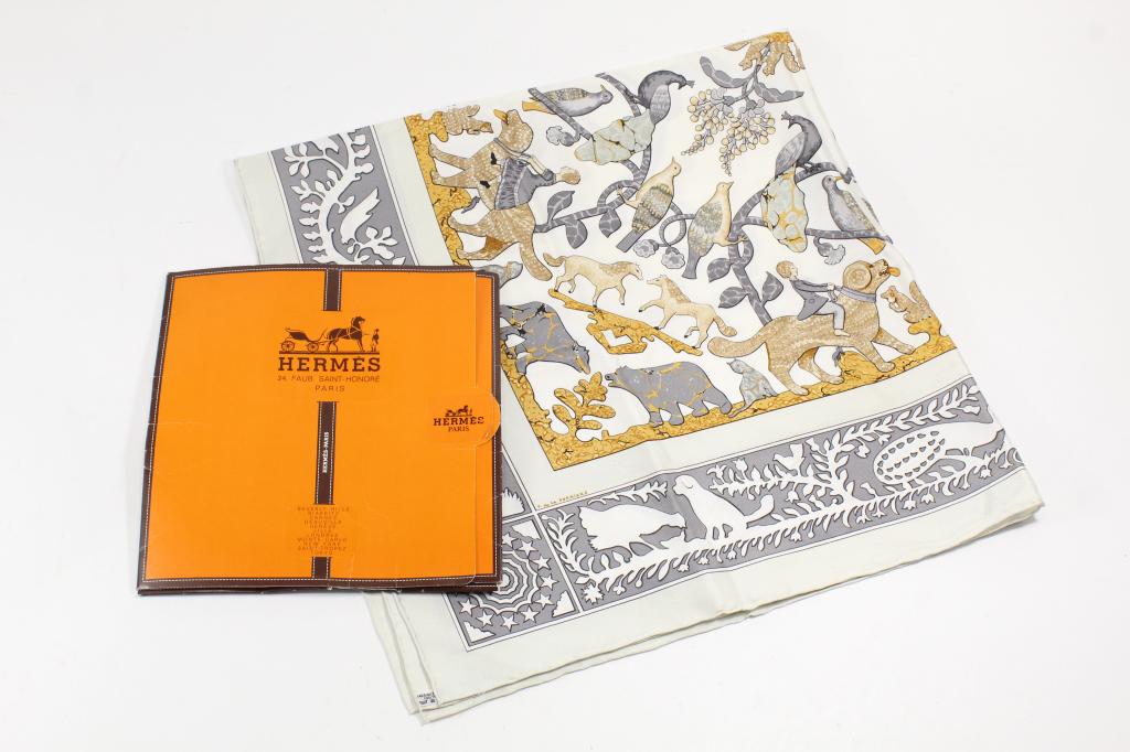 Hermes "Early America" F. de la Perriere Scarf: Printed "Hermes-Paris" and "F. de la Perriere" and titled "Early America" the silk scarf has a hand-rolled hem, and was created by Francoise de la Perriere, who worked with Hermes from 1950 into the 1