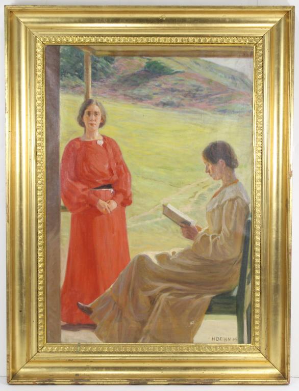 Heinrich Dohm (1875-1940) Oil on Canvas Painting: Bloomsbury style portrait of two women; one standing and one seated in profile reading. Signed and dated 04 lower right. Period gilt frame (small dent right side). Small hole to dress of seated figure