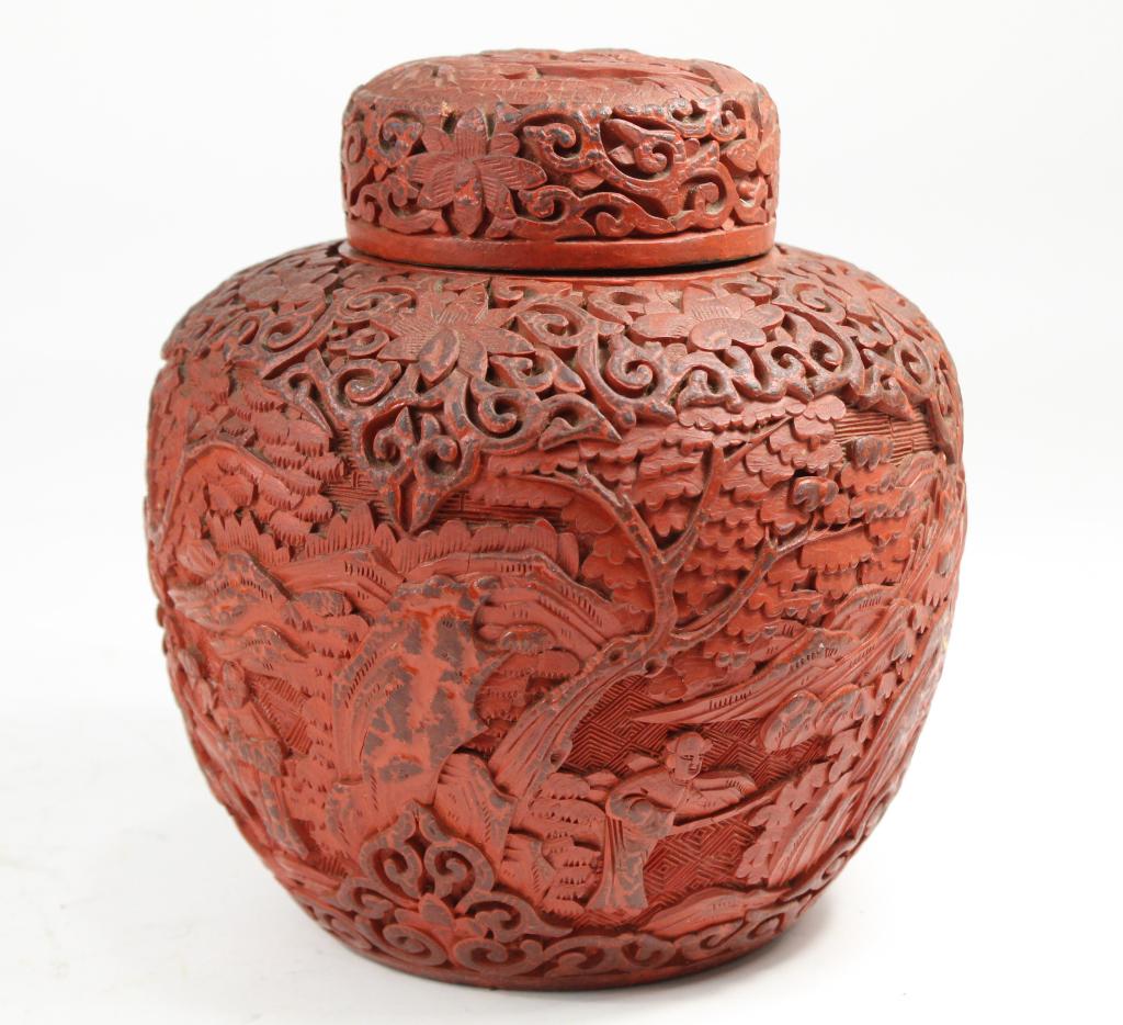 Chinese Cinnabar Ginger Jar Lotus Scenic View 19th (1 of 7)