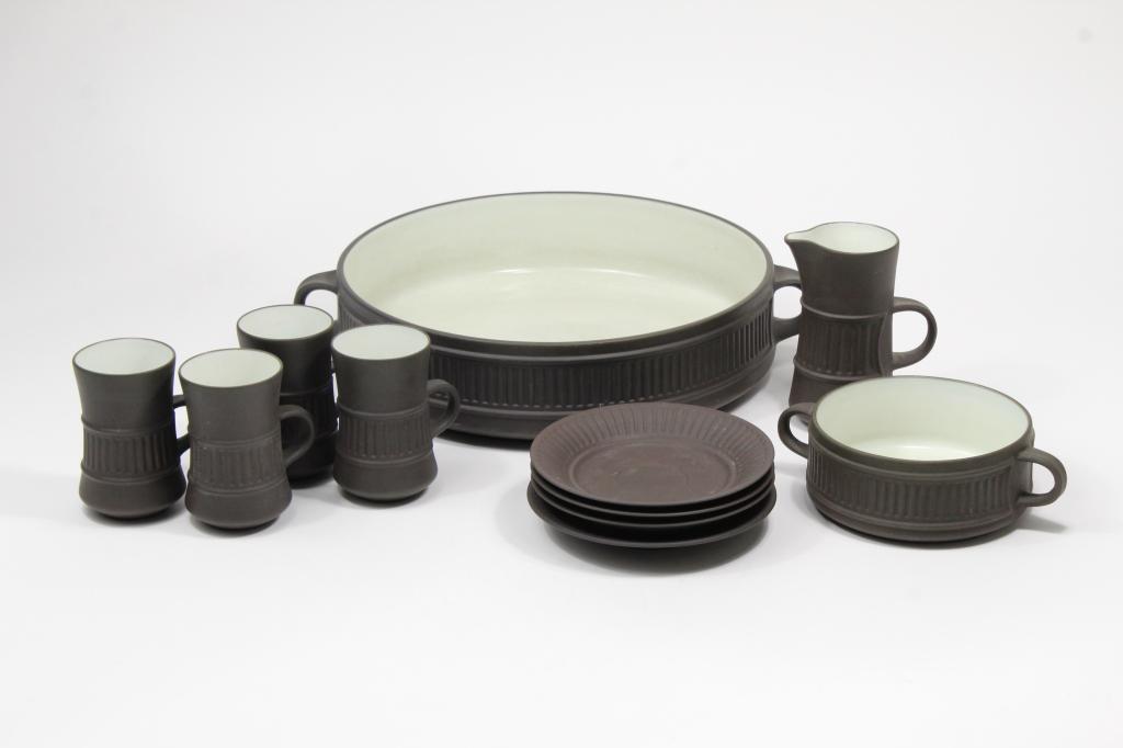 Early Dansk Denmark FLAMESTONE Dinnerware: (1) 4 demitasse cups. 3 1/2". (2) 4 demitasse saucers. 5 1/8" dia. (3) Creamer 4 1/2" H. (4) Handled sugar bowl w/o lid. 2" H x 4.5" lip dia. (5) Handled casserole dish w/o lid (minor age glaze discol