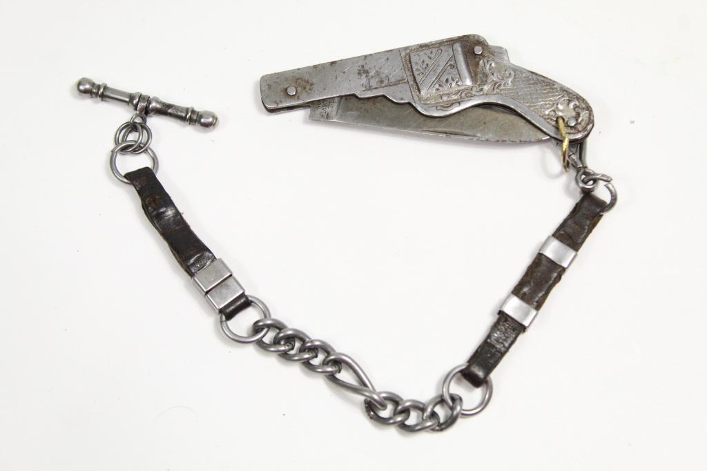 Antique Watch Chain w/ AW Wadsworth Pistol Knife: Pistol shaped novelty pocket knife stamped A.W. Wadsworth to blade. Pocket watch chain with two leather strap sections, bar, and pendant clip. All good condition with age patina, etc. Knife 3" closed 