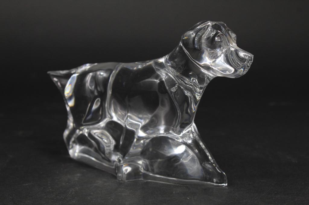 Baccarat France Crystal Labrador Hunting Dog: Etched "Bacarrat" mark to side and acid etched mark to bottom. Excellent condition. 4.5" H x 7.5".