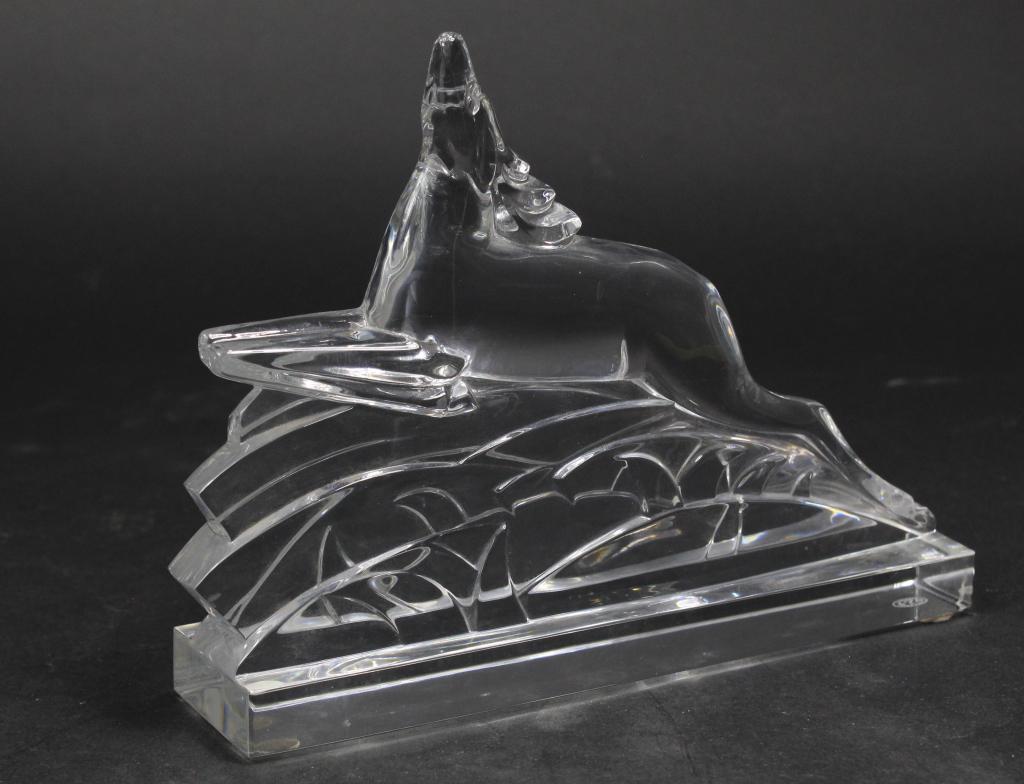 Baccarat France Crystal Art Deco Leaping Deer: Acid etched mark to bottom. Excellent condition. 6.25" H x 8.25" x 2".