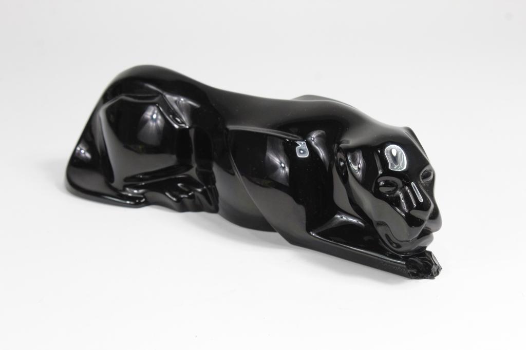 Large Baccarat France Black Crystal Panther: Art Deco style crouching panther. Etched "Baccarat" to side edge and acid etched mark to bottom. Chip damage to front paw; otherwise good condition. 3" H x 10" approx.