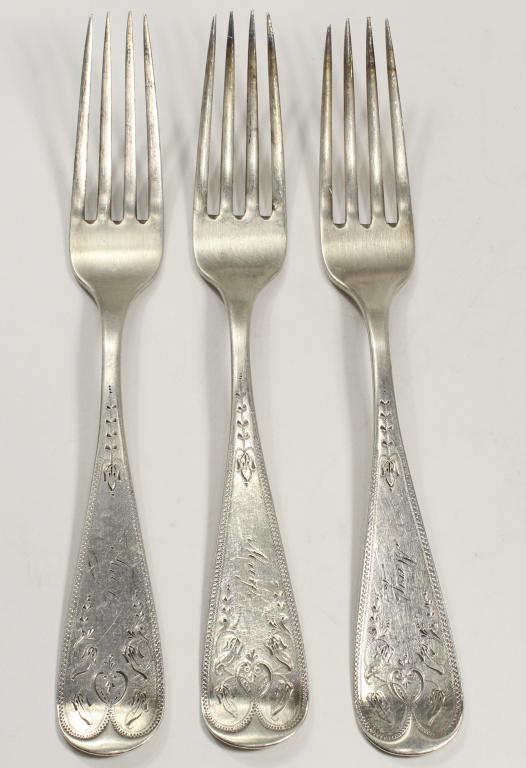 Antique Duhme & Co Coin Silver Forks: Duhme & Co., Cincinnati, circa 1860's. Decorative engraved handle with "Mary". DUHNE & CO marks. Some wear to tine ends, appear to be polished with a rough cloth, engraving good condition. 139 total g
