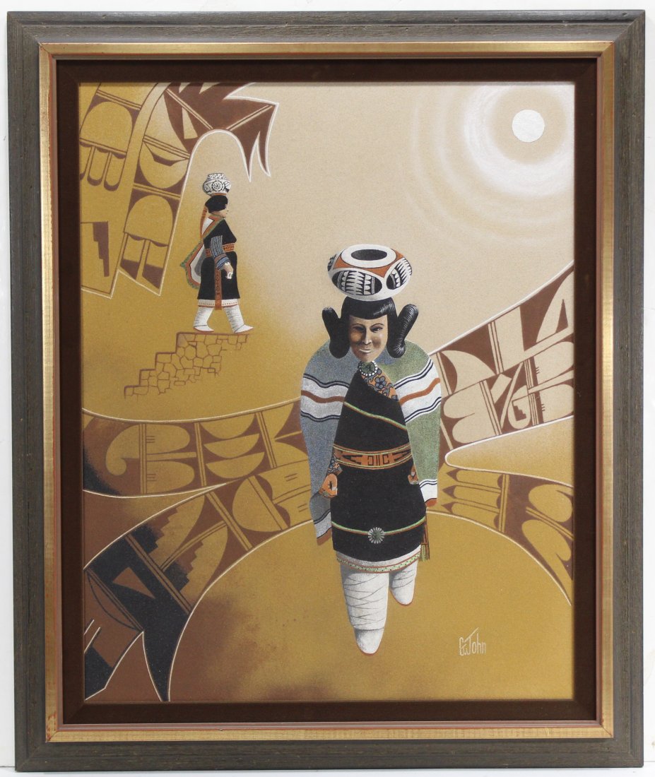 Large Navajo Sand Painting Signed G. John: Two female figures with painted pots on heads. Signed lower right. Custom wood frame with gilded trim and velvet liner. Board 30" x 24". Frame 36" x 30".