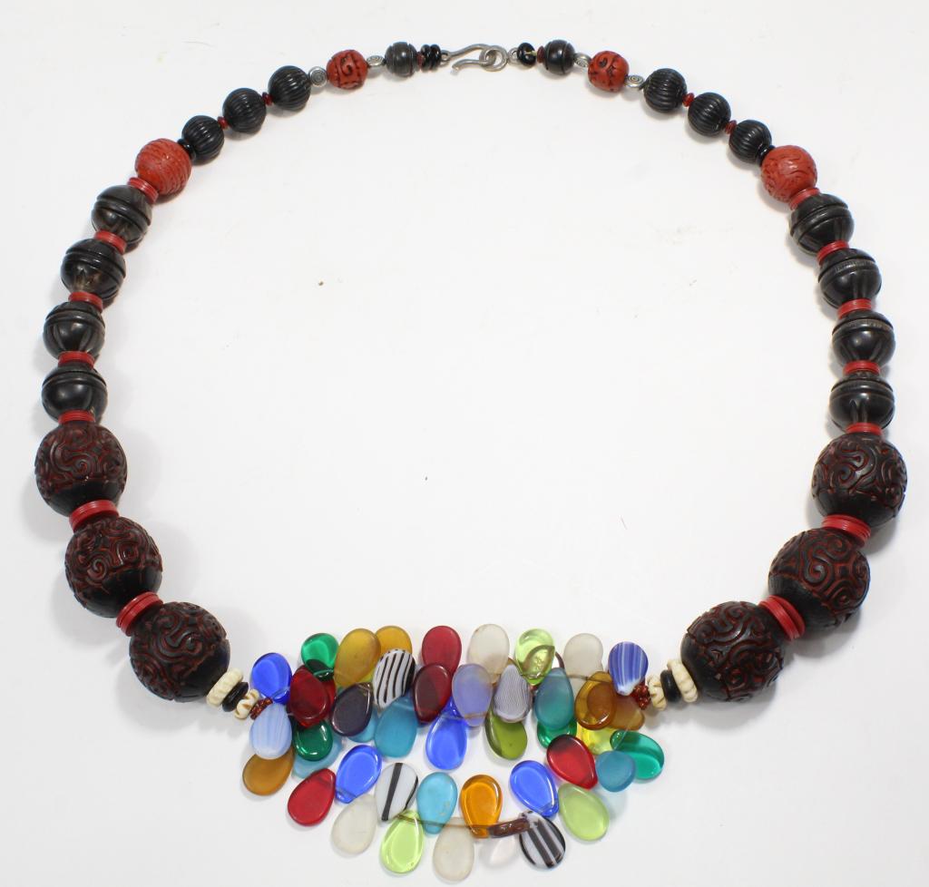 Mali Wedding Glass / Cinnebar Lacquer Bead Necklace: Necklace with hand carved black and red cinnabar, horn, bone, and nut beads along with section of trade glass teardrop beads. Hook and ring clasps stamped 925. Strung on wire. Excellent condition. Lar