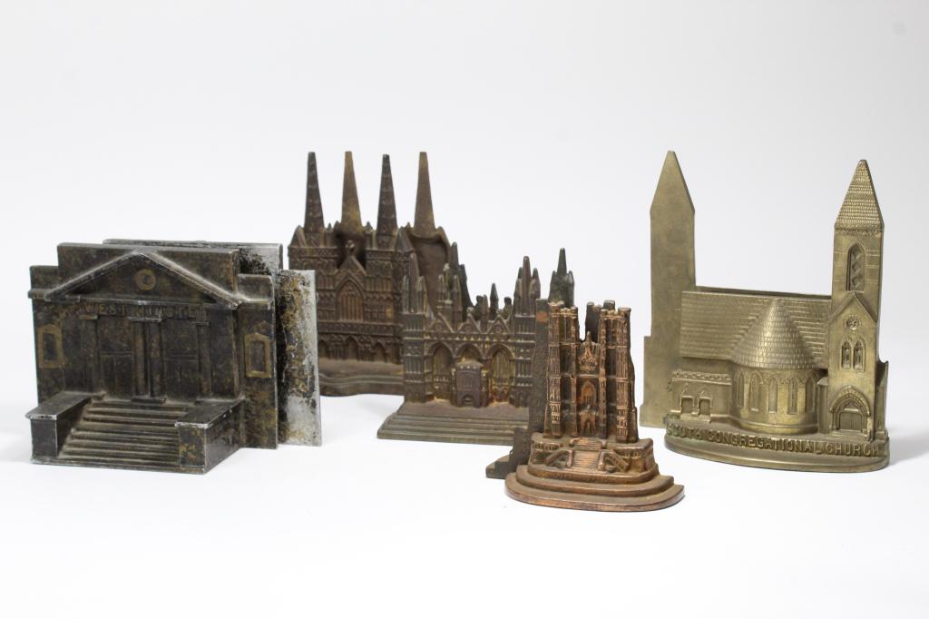 Souvenir Building Bookends: 5 pair of souvenir building bookends including Lichfield Cathedral, Peterborough Cathedral (both dated 1928), Westminster and others