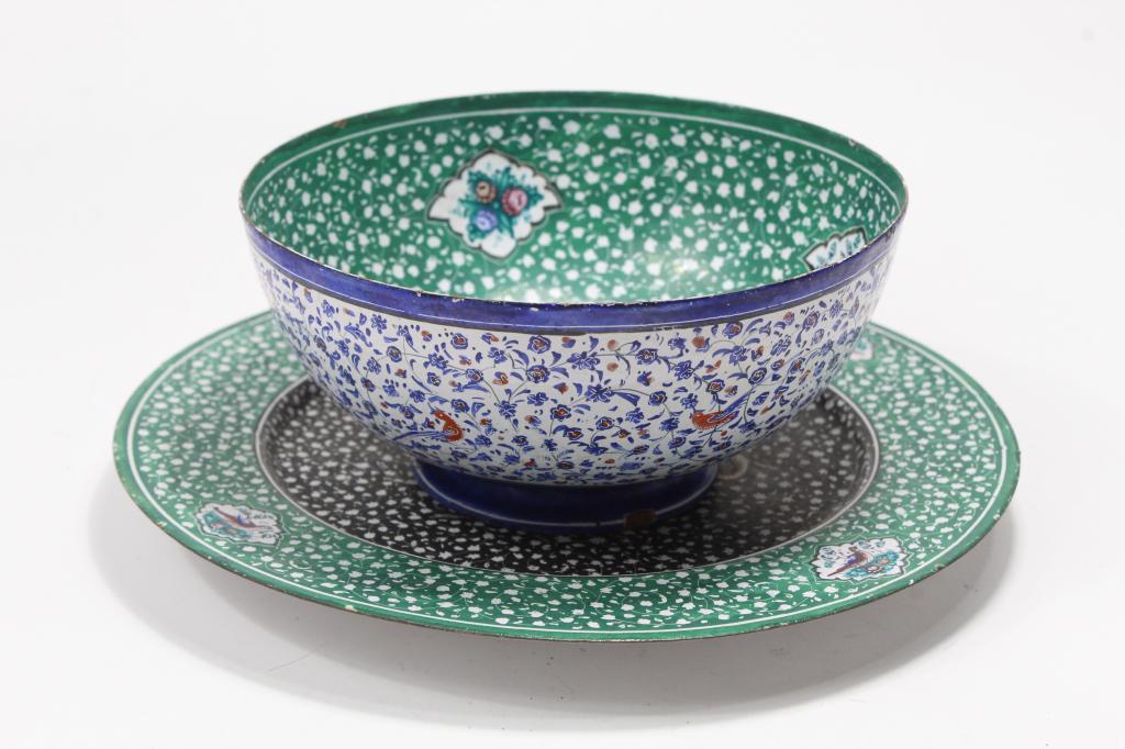 Persian Green Enamel Copper Bowl Underplate 19th: Persian Enamel on thin Copper Bowl with a Underplate 19th c with an overall design of greeen vine and floral with 4 panels of birds or floral spray , surface wear , nicks to the enamel , Light rim fri