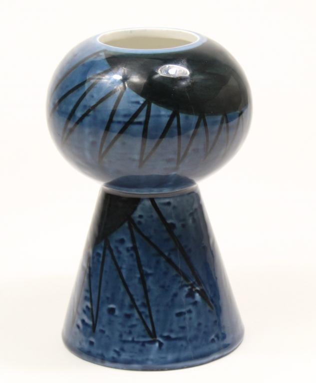 Vilhelm Berke Petersen Vase for Rorstrand Sweden: Vase in gloss blue glaze with abstract designs in black. Marked to bottom. Petersen studied under artists Paul Klee and Wassily Kandinsky at Bauhaus Dessau from 1930-1931. Excellent condition. 6.25" H