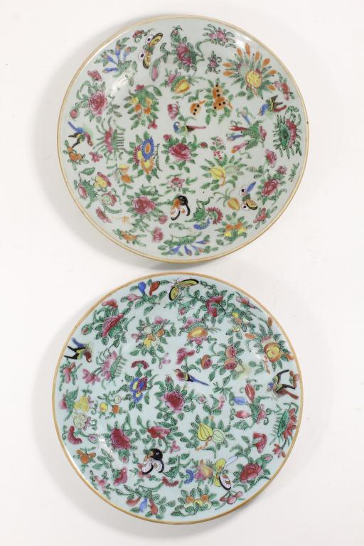 2 Chinese Famille Rose Celadon Floral Bird Plates: 2 Chinese Famille Rose Celadon Floral Bird Plates with floral, buteerfly and bird motif, with shopmarks in underglazer blue to the reverse, circa late Qing / Republic era, Light enamel wear , glaze fl