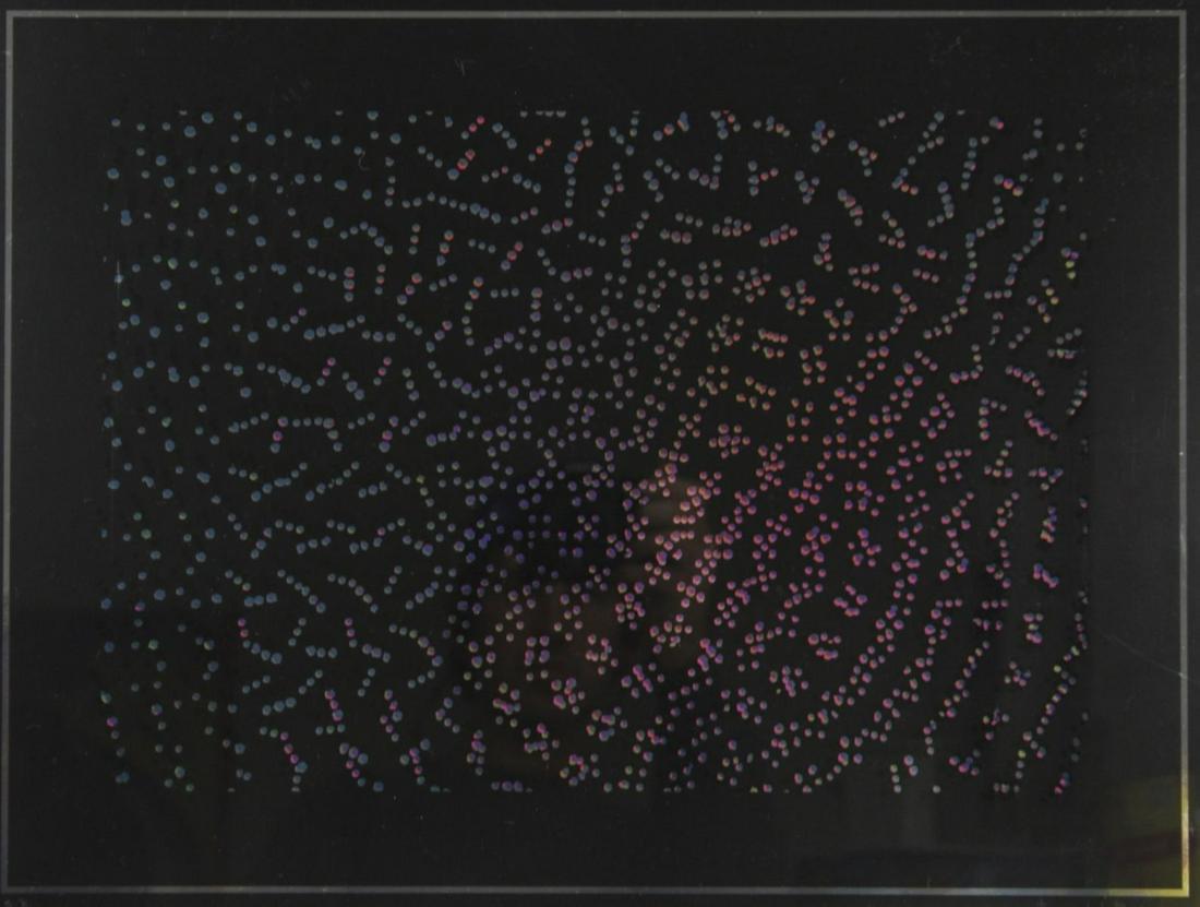 Jurgen Lit Fischer (1941-2005) Mod Silkscreen: Artist's proof mod abstract dot pattern silkscreen printed on foil paper. Pencil "e.a." lower left and signature with '87 date lower right. Metal frame with plexiglass (some scuffs, etc.). Printed pag