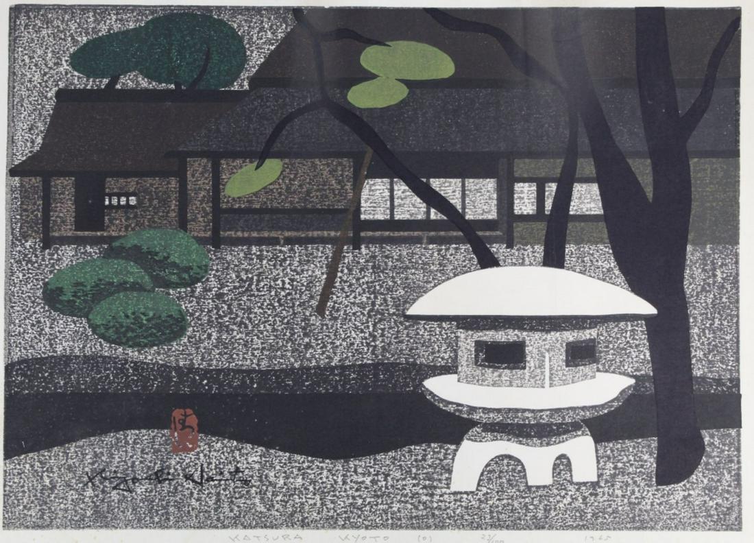 Kiyoshi Saito (1907-1997) Katsura Kyoto Woodblock: "Katsura Kyoto", 1965. Pencil titled, numbered 23/ 100, and dated below image. KIYOSHI SAITO watermark lower right corner. Attached printed label "self-carved self-printed KIYOSHI SAITO" to the revers