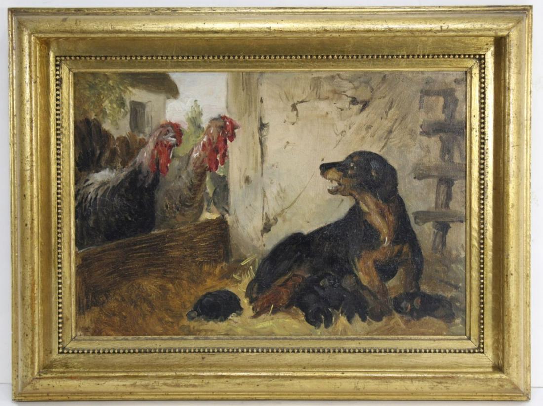 Antique Oil Painting Dog with Puppies: 19th century European genre painting of a farmyard dog nursing puppies with two turkeys looking on. No apparent signature. Original gilded wood frame. Very good condition with expected signs of age. C