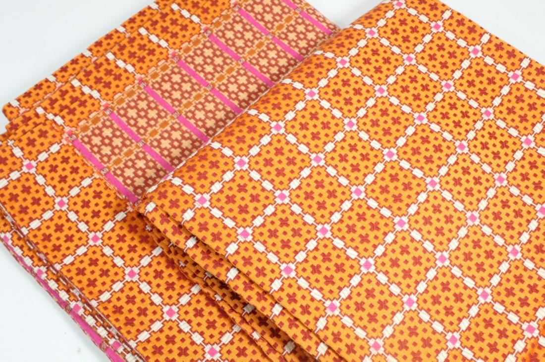 David Hicks Vintage Fabric Panels: Four matching panels with orange square and cross pattern. Possibly curtain panels; each end with 3" looped open hems. Sides with .75" closed hems. Excellent condition. Each 25.25" W x 108" L approx.