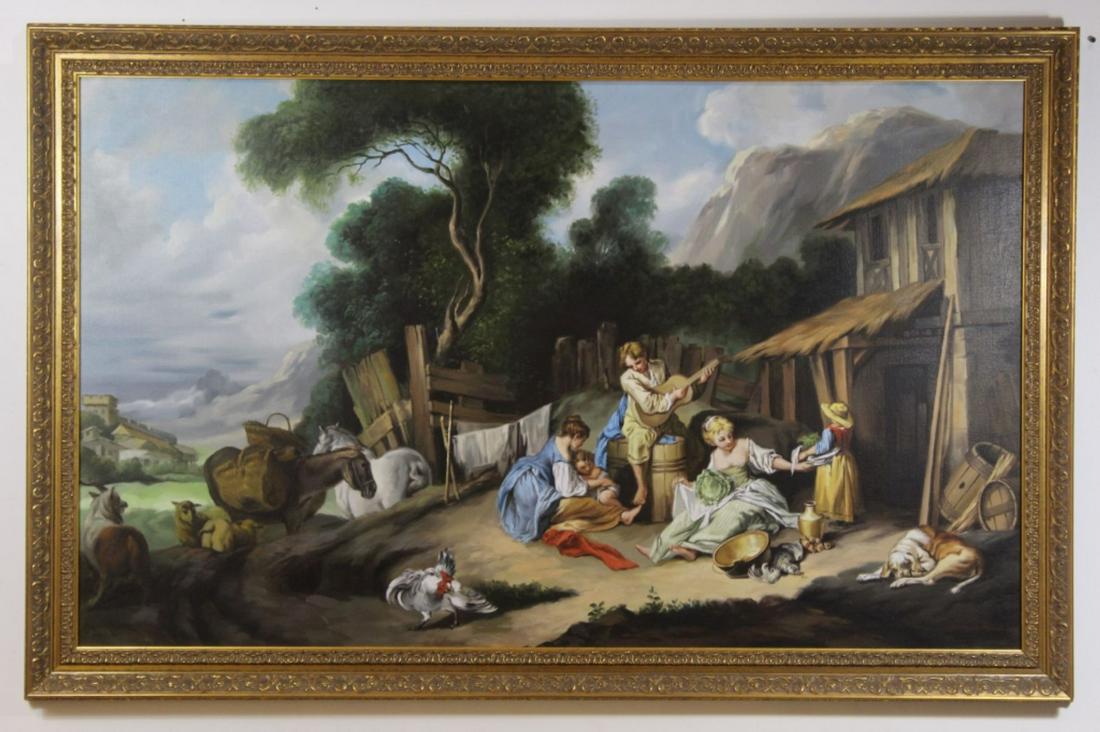 After Francois Bucher "The Rest of Farmers": Large oil on canvas painting, after Francois Bucher (1703-1770) "Le Repos Des Fermiers" or "The Rest of Farmers", 1734. Signed on bottom right corner, detailed gilt frame. Very good condition, minor d