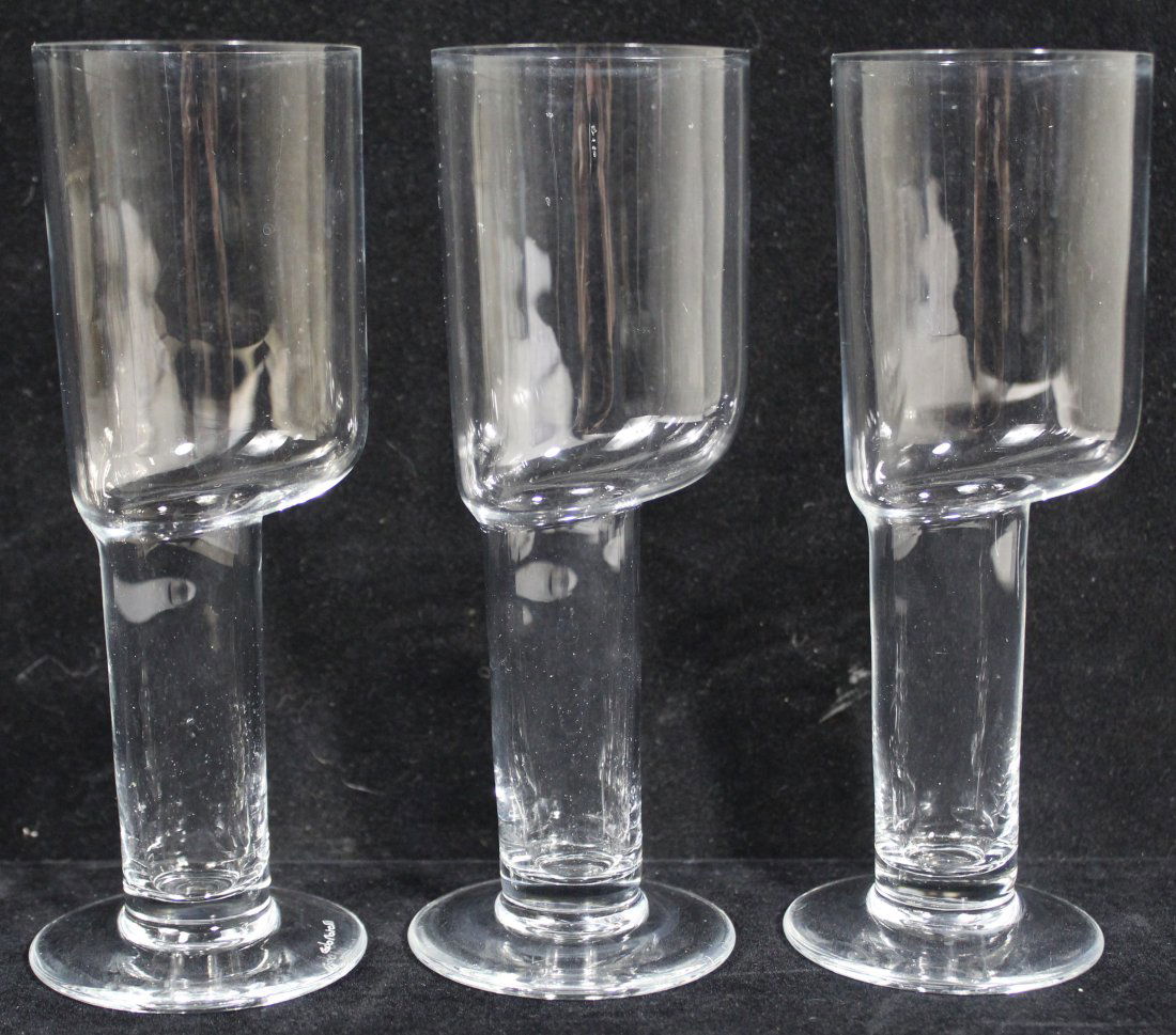Carlo Moretti ASYMMETRIC Wine Glasses: Group of 3 Asymmetric / Asimmetrico pattern wine glasses. Hand blown Murano glass with etched signature marks. Good condition. 6 3/4" H x 2 3/8" dia. approx.