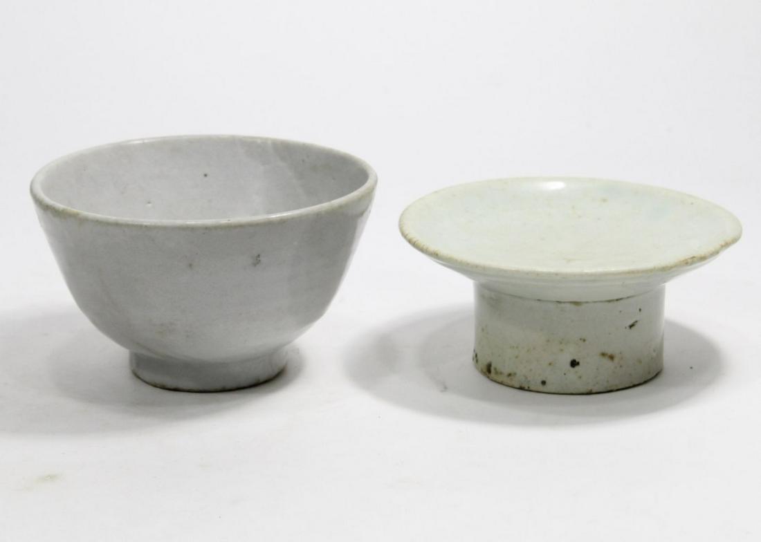 Korean Wood Fired Porcelain Bowls: Footed offering bowl (2.5" H x 5 5/8" dia.) and tall bowl (3 3/8" H x 5 3/4" dia.) in thick white tone glazes. Kiln grit to bottoms, wear, and a few hairline cracks, etc. No chips.