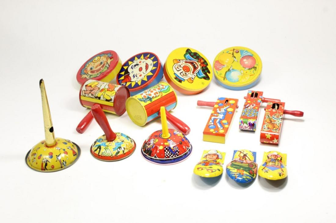 Lot of 15 Vintage Tin Litho Noisemakers: Each with different graphic, good condition. Largest is 6" and smallest is 4" approx.