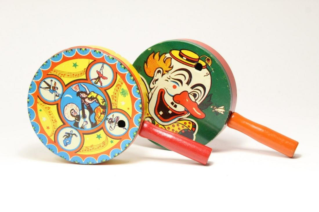 Lot of 12 Vintage Tin Litho Noisemakers: Each with different graphic, good condition. Largest is 8.5" and smallest is 4" approx.