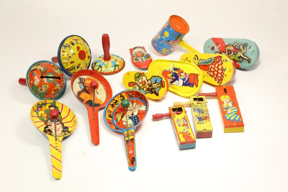 Lot of 15 Vintage Tin Litho Noisemakers: Each with different graphic, good condition. Largest is 8" and smallest is 4" approx.