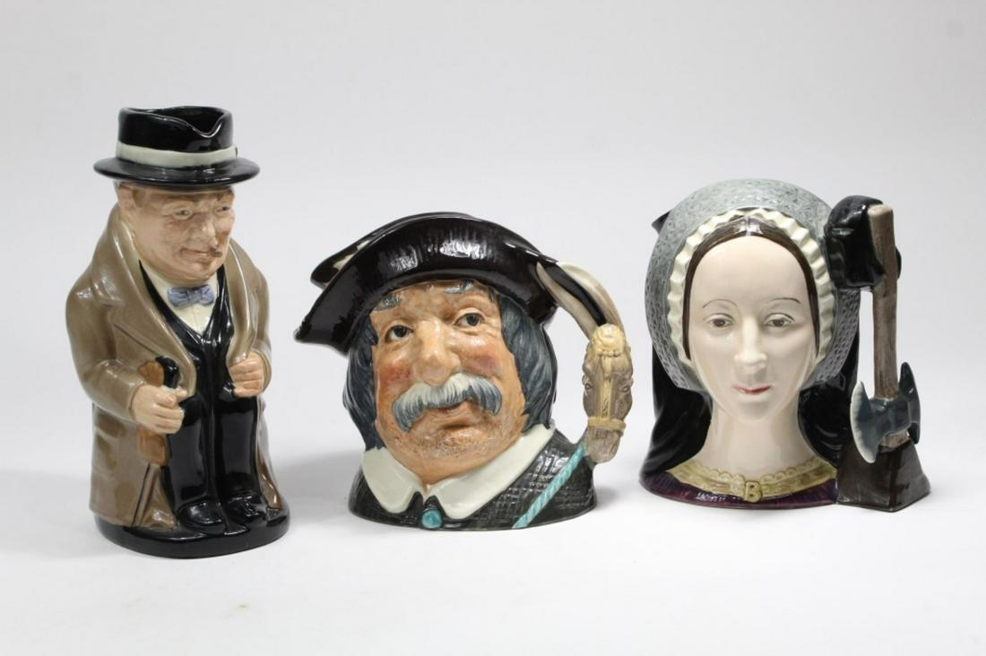 Lot of 3 Royal Doulton Character Toby Mugs: (1) Anne Boleyn, bottom marked "Anne Boleyn, D-6644, Royal Doulton Tableware LTD 1975". (2) Sancho Panca, bottom marked "Sancho Panca (Servant to Don Quixote) D. 6465, Copr 1956, Doulton & Co Limited"