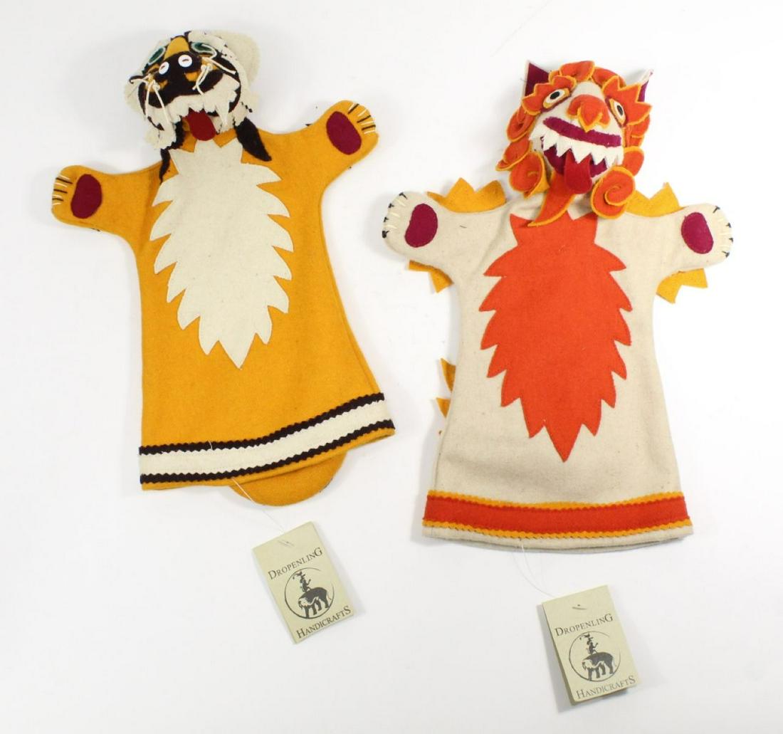 Pair Tibetan Hand-Puppets, Tiger, Lion: Snow Lion and tiger hand-puppets by Dropenling Handcrafts in Lhasa Tibet, with original shop tags. Both approx 12"