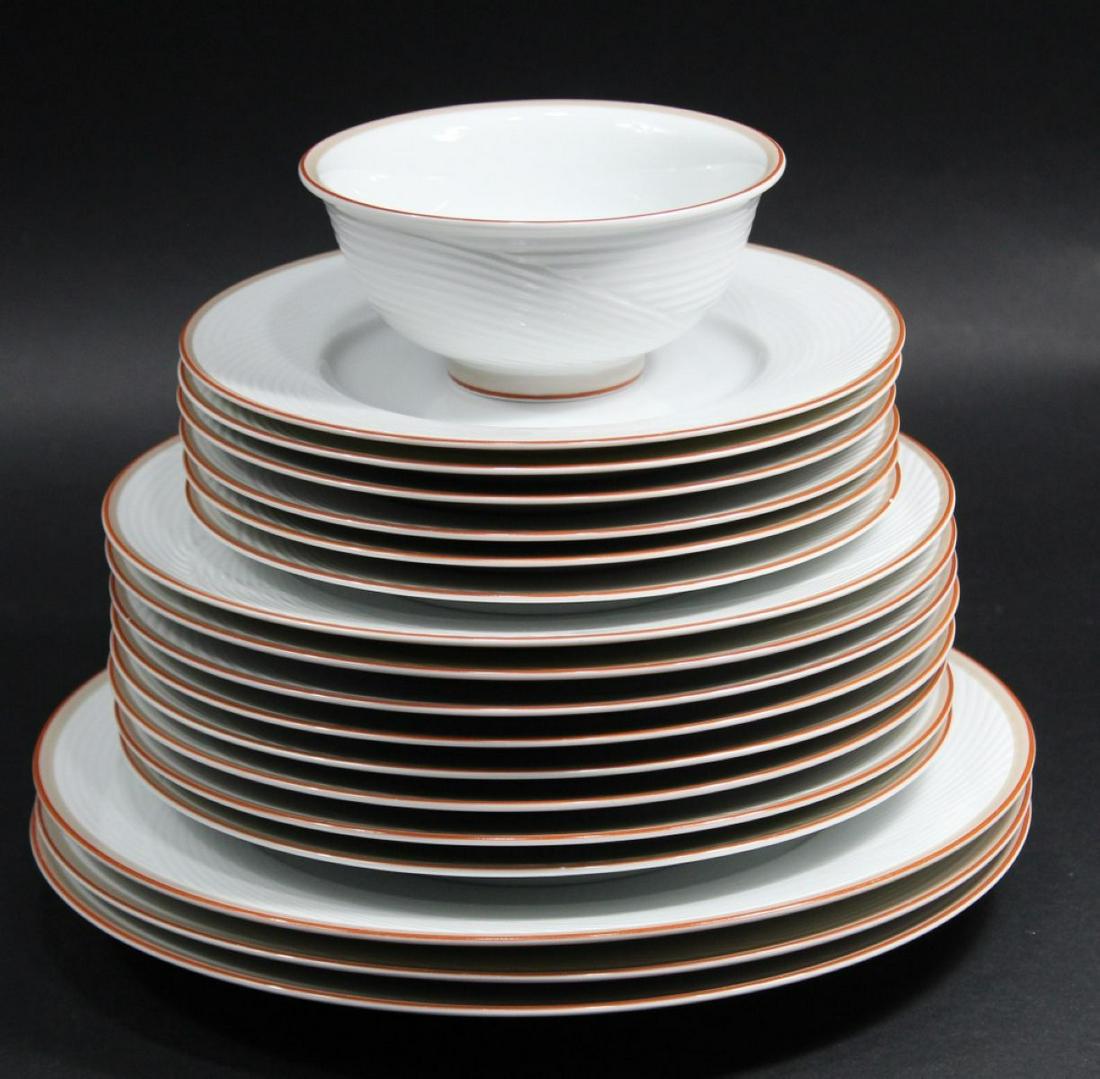 Dansk TAPESTRY Plates and Bowl: Red and tan borders. Designed by Jack Lenor Larson. Includes three 10.75" dinner plates, eight 9" salad plates, six 7.5" bread paltes, and one 5" dia. small bowl. All very good condition with minor ut