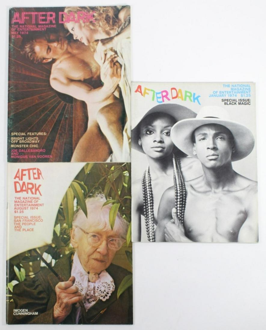 After Dark Magazines 1970's: Includes January 1974 (Black Magic cover), May 1974 (Joe Dallesandro cover), and May 1974 (Imogen Cunningham cover). All very good condition.