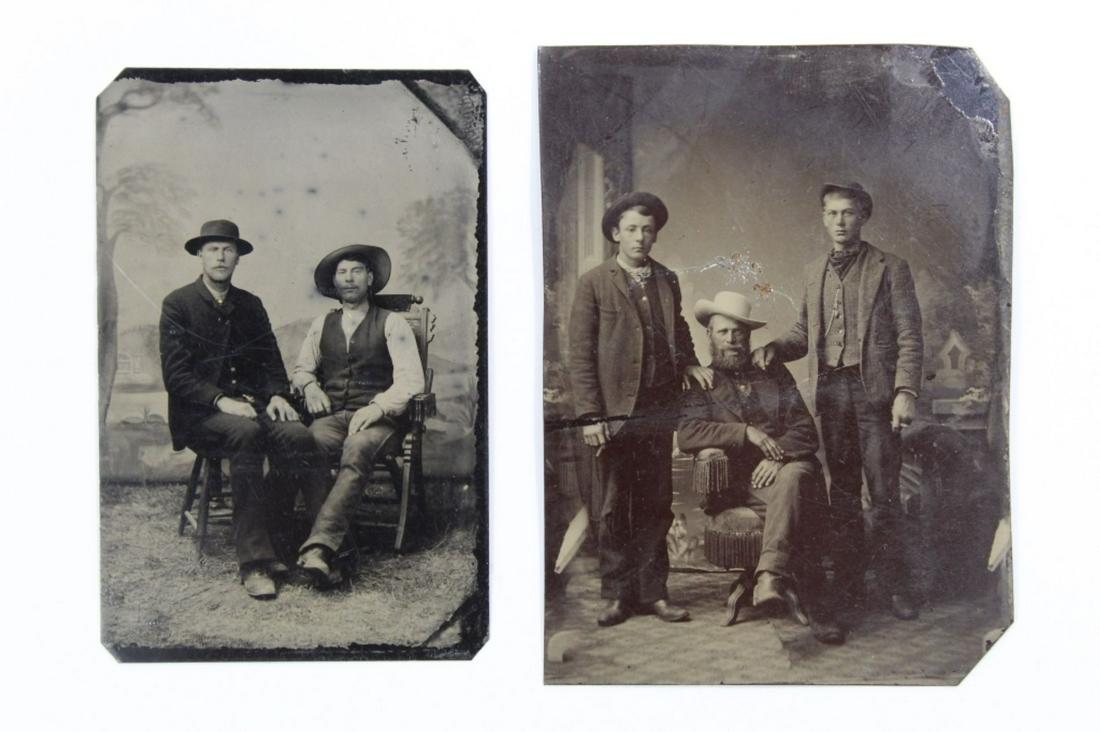 Antique Affectionate Men Tintype Photographs: Two tintypes. (1) Bearded man posed with two younger men. 3 1/2" x 2 1/2". (2) Two young men posed sitting. 3 1/4" x 2 1/8". Both in good condition with signs of age, etc.