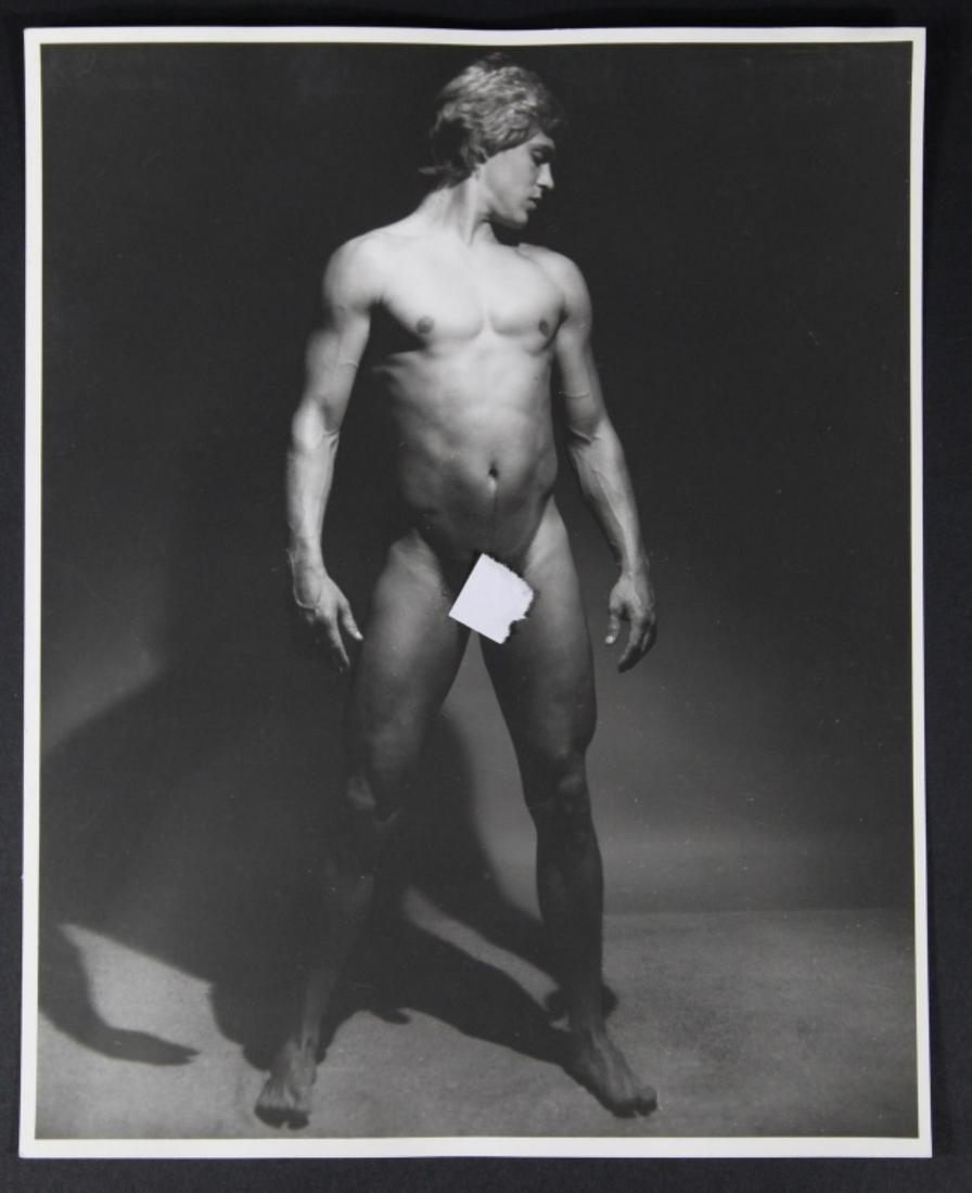 Vintage Western Photography Guild WPG Male Nude: Male nude model in studio pose. Stamped in purple "Western Photography Guild Box 2801 Denver, Colorado 80201" to the reverse. Silver gelatin print on smooth heavy fiber matte paper. Circa 1960's. Exce