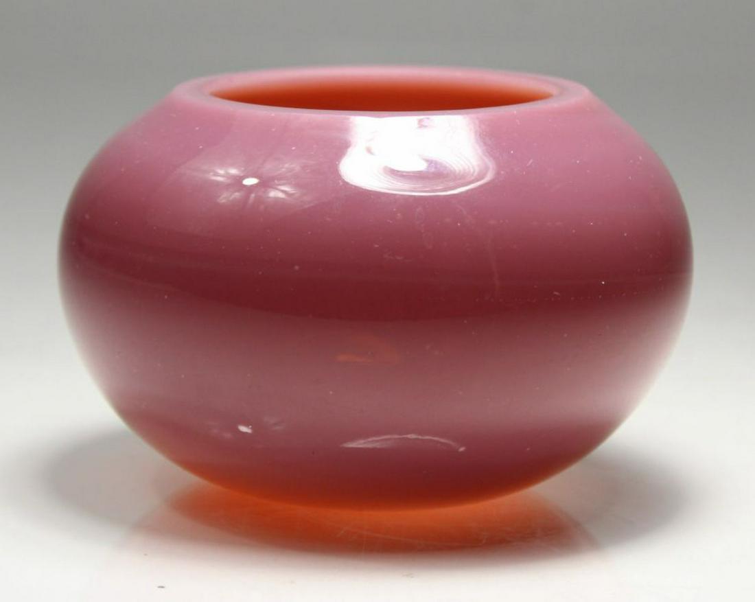 Antique Chinese Peking Glass Brush Washer: Rose / pink glass with ground and polished lip. Engraved CHINA to bottom. Excellent condition. 2.5" H x 4" dia. approx.