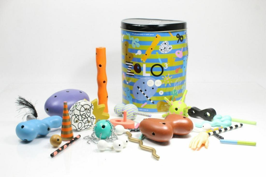 Vintage Zolo 3 Wood Sculpture Set: Vintage Zolo 3 Wood Sculpture Set, inlcudes 30 pieces. Pieces show some playwear, metal container has dents and dings. Containter measures 9.75" x 7.25".