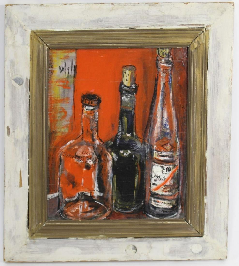Vintage Outsider Art Painting Signed Wyly: Oil still life of liquor and wine bottles on plywood panel. Signed Wyly upper left. Found old gilded frame with painted edges. Circa mid 20th C. Panel 7.5" x 6.25". Frame 11" x 9.5".