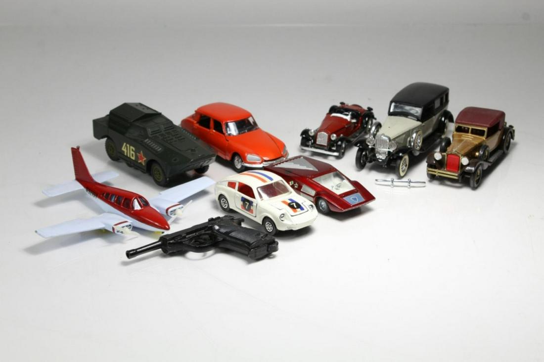 Lot of 9 Foreign Diecast Toys: (1) Solido Military Vehicle, (2) Solido Duesenburg, (3) Norev Citroen, (4) Lesney Packard, (5) Politoys Alfa Romeo, (6) Auto Pilen Stratos, (7) Lintoy Piper Navajo, (8) Corgi Mini Macross and (9) Uniw