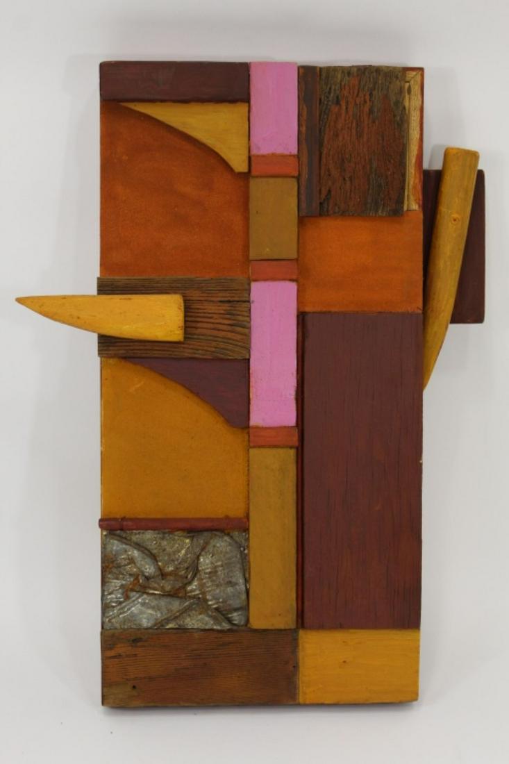 Gordon S. Brown (Seattle) Yakatoro Assemblage: Mixed media collage/assemblage by Seattle artict Gordon S. Brown ( -2010). Titled Yakatoro on reverse. Wood, rusted tin cans and painted fabric. 24" x 17". Signed in pencil on back.