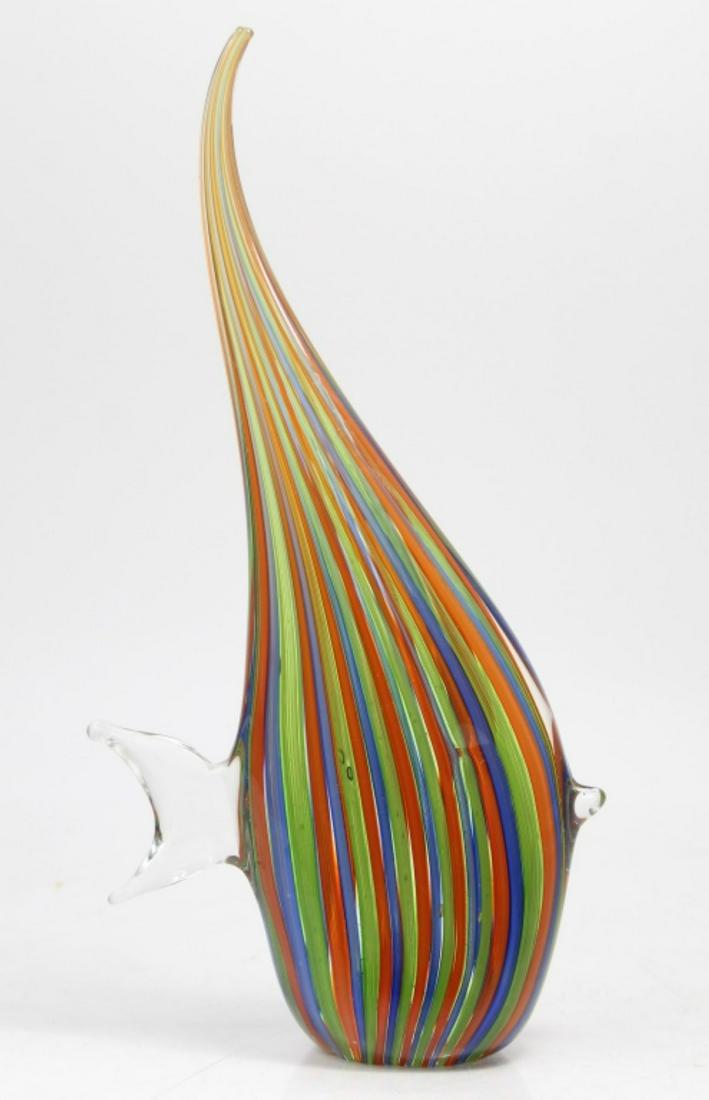 Murano Glass Tall Angel Fish Sculpture: Seguso / Barbini style with blue, green, and coral colored vertical canes. Clear glass tail. Good condition with a few light surface scuffs, etc. 12 5/8" H.