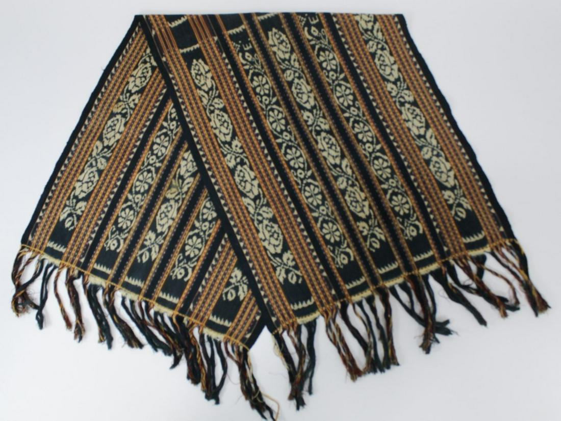 Vintage Ikat Woven Cotton Fabric Panel: Hand woven with two color stitched edge at each end. Good condition with some expected signs of age toning, etc. No holes or stains. 17.25" W x 44" L approx. (54" L including fringe approx.)