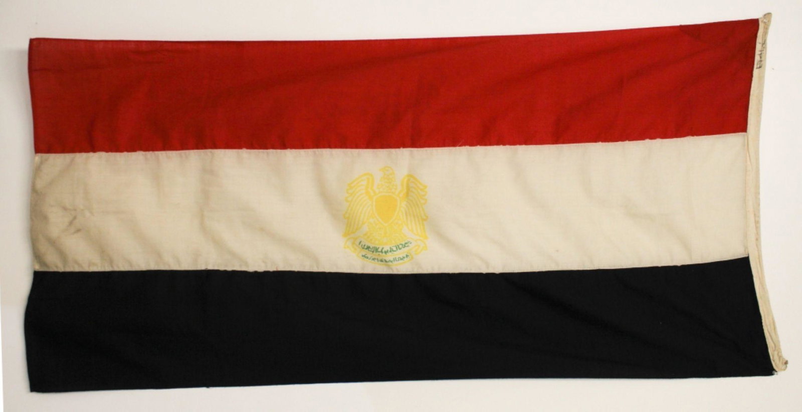 Vintage Arab Republic of Egypt Flag, 34x72": Vintage Arab Republic of Egypt Flag. Cotton. Yellow eagle with green script below. Excellent condition with no stains, holes, or tears. Measures 34x72".