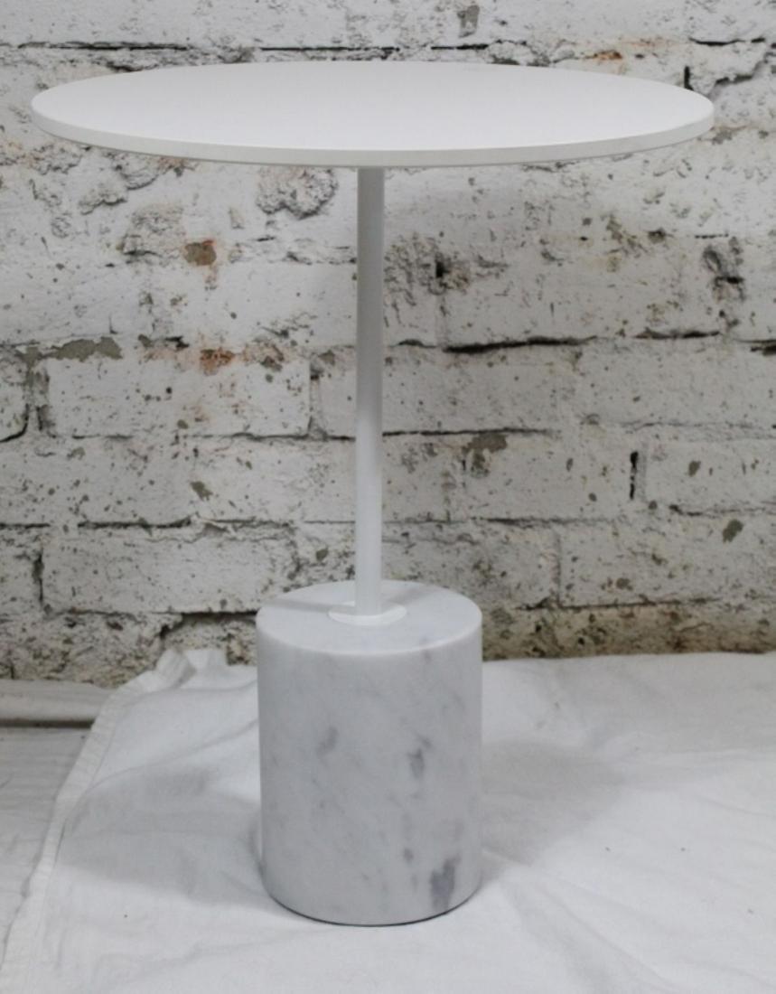 Francesco Rota for Lapalma Marble 'Jey' Table: Francesco Rota for Lapalma Marble Pedestal 'Jey' Side Table. Made in Italy. Purchased in 2021 from Design Within Reach, retail price $995. Heavy white marble base with laminate white table surface. Me