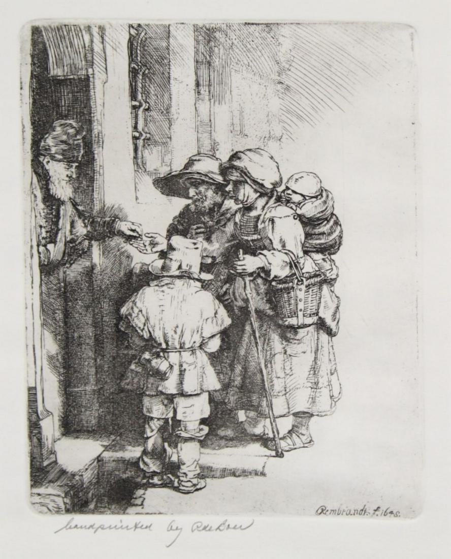 Rie de Boer Etching after Rembrandt: "Beggars Receiving Alms at the Door of a House", 1648. Pencil "hand printed by Rde Boer" lower left. "Rembrandthuis Amsterdam" and "Reproduction" ink stamps to the reverse along with 267.3 pencil nota
