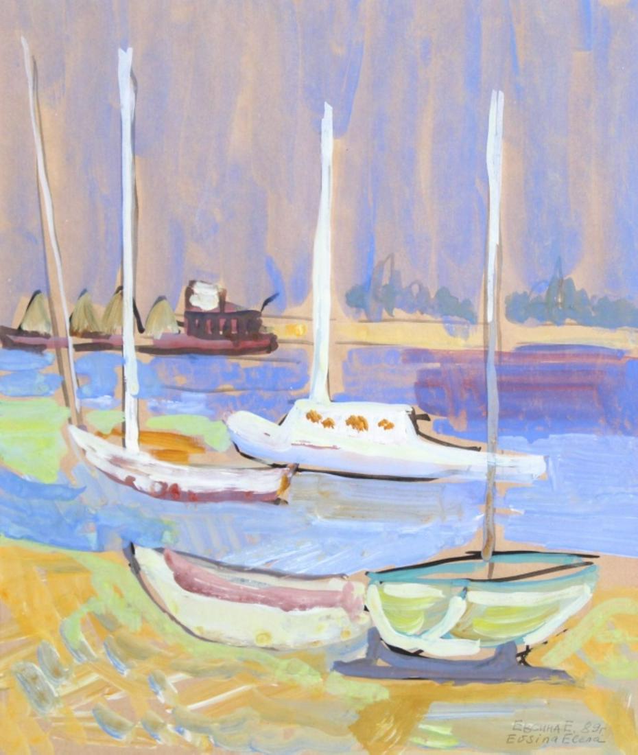 Harbor Scene Gouache Painting signed Eosina Elena (1 of 5)