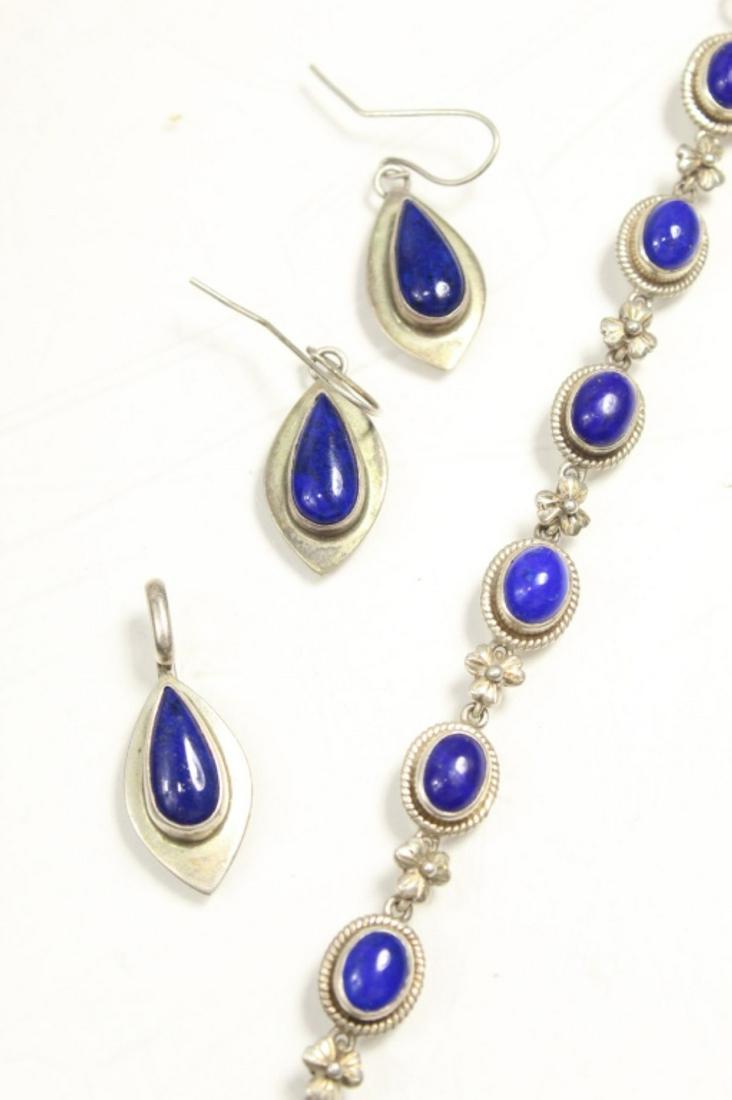Sassi La Muth David Lee Sterling Earring Pendant: Sterling and blue stone earring and pendant set. All stamped David Lee Sassi La Muth STERLING. 6 total grams approx. Lot includes unmarked sterling and blue stone bacelet. 12 total grams approx. 7" L