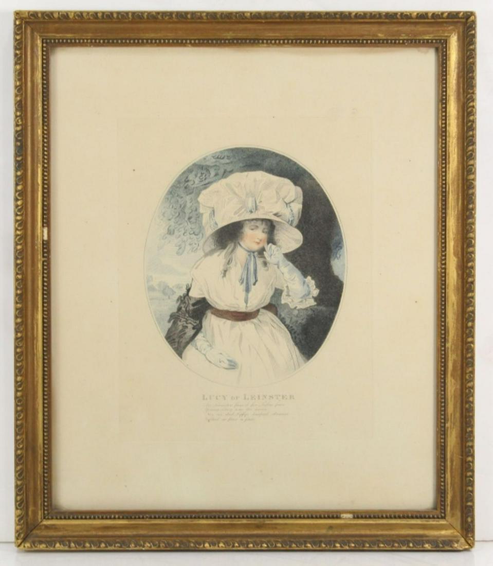 William Ward Antique Engraving "Lucy of Leinster": William Ward (1762 - 1826) color engraving of "Lucy of Leinster". Gilded wood frame with small losses. Lucy of Leinster was a character from the tragic ballad Lucy and Colin, written by Thomas Tickell