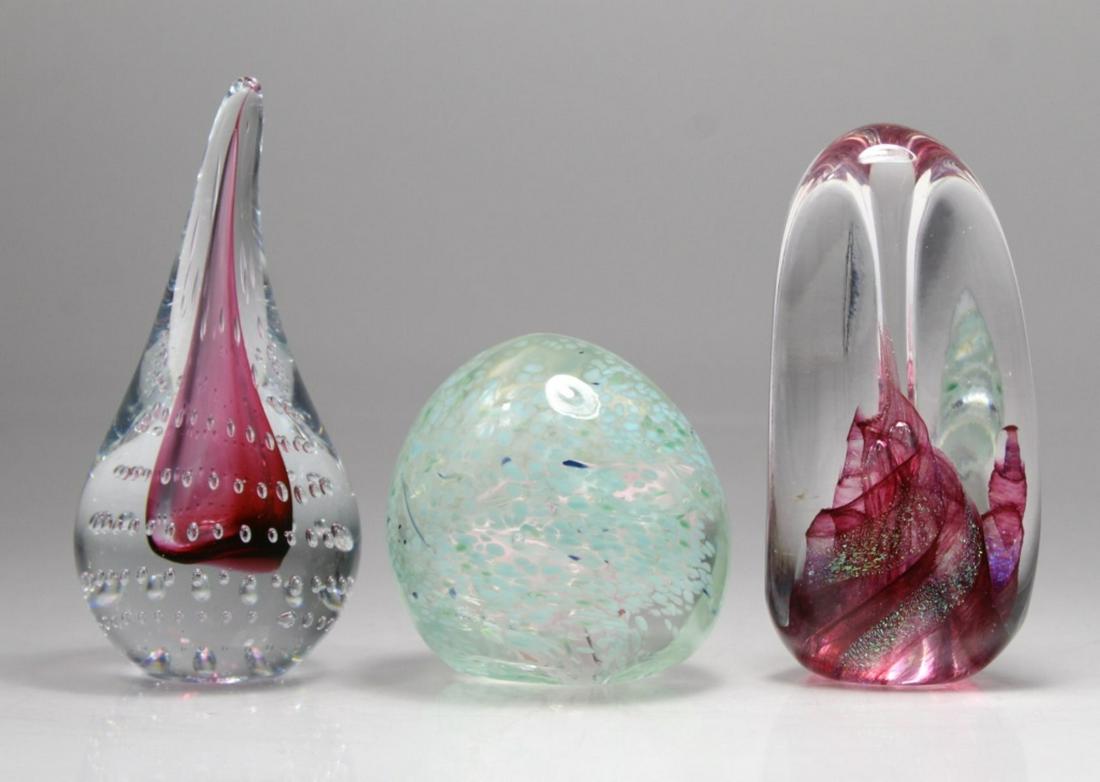 Studio Art Glass Paperweights: Group of 3 art glass paperweights. Tallest 5 3/8". All good condition.