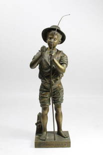 Adolphe Jean Lavergne (1863-1928) Bronze Statue: 'Pecheur' (Angler). Well detailed cast bronze statue of a young boy. Signature and engraved plaque to base. Slight bend to fishing pole and missing string "fishing line" element. Good patina. 17" H to