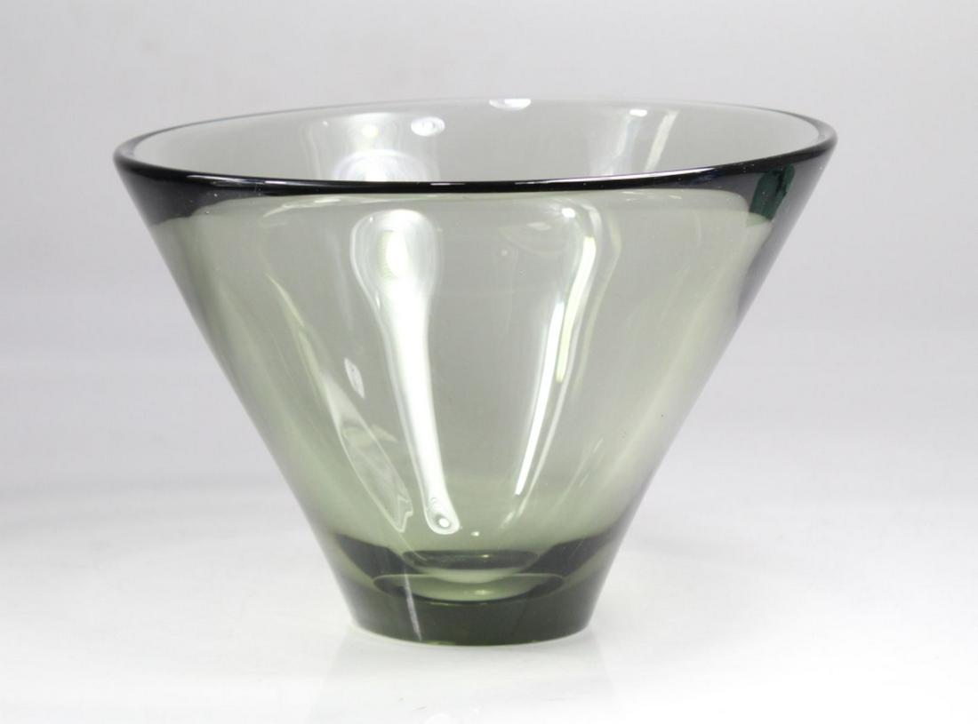 Per Lutken for Holmegaard Centerpiece Glass Bowl: Per Lutken for Holmegaard Anged Centerpiece Glass Bowl. Signed and dated 1961 on base. Measures 6.5 x 9.5". Some light scratches but otherwise good condition.