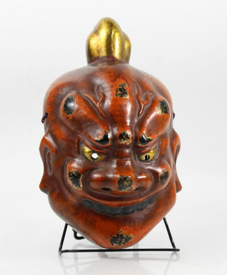 Japanese Dry Lacquer Agyo Nio Guardian Mask: The face represents one of the two Japanese Buddhist Guardians of Nio or â€œBenevolent Kings” named Agyo. Traditional construction with lacquered and gilded surface. Maker's label to the int