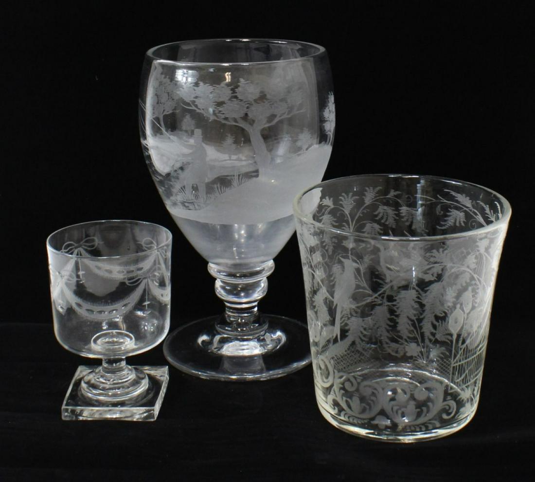 Georgian Engraved Glass Punch Bowl & Others: (1) Footed hand blown glass punch bowl engraved with scene of a fly fisherman in landscape. Some white stains to interior, otherwise excellent. 10.25" H. (2) Antique hand blown glass ice bucket engrav